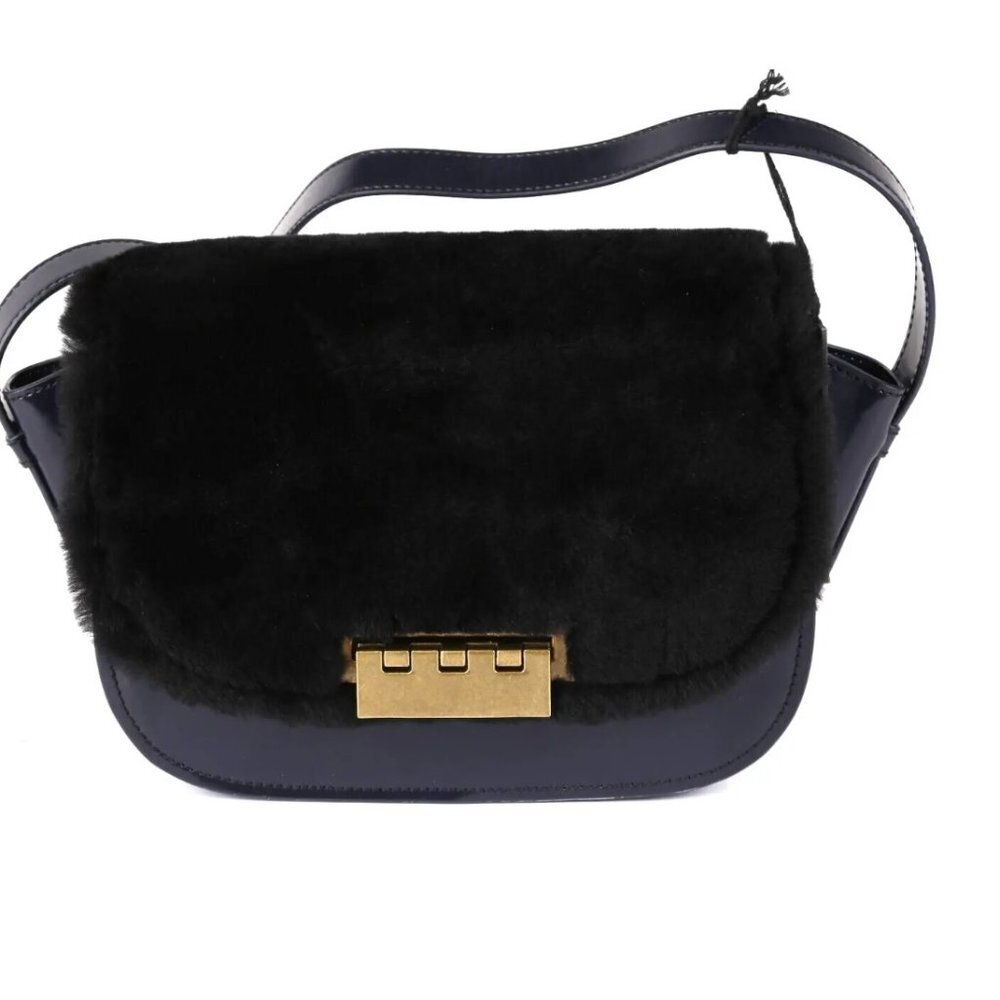ZAC POSEN Eartha Accordian Black Fury Navy Leather Crossbody Shoulder Bag w/COA